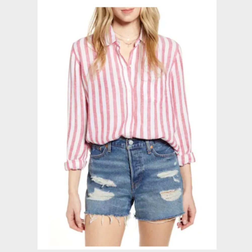 Rails Charli Carmine Stripe Linen Blend Shirt Red/ Pink White Stripe XS